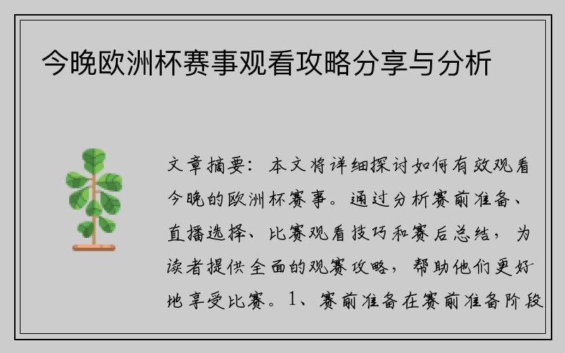 今晚欧洲杯赛事观看攻略分享与分析